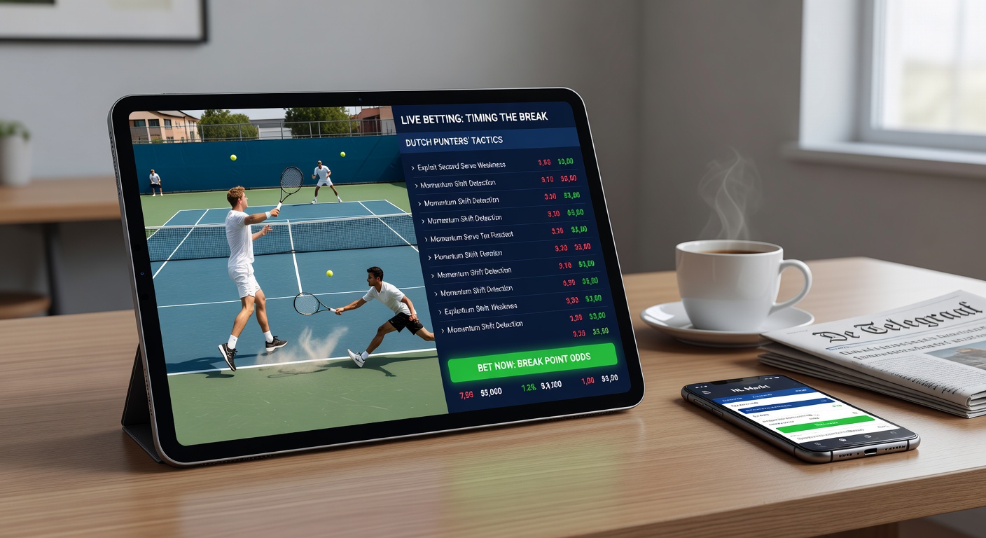 Grafiek met live odds schommelingen tijdens een tennis break point, inclusief statistieken over service holds en return wins op verschillende surfaces